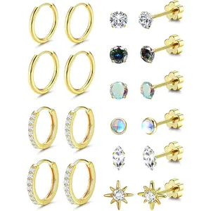 BESTEEL Hypoallergenic Surgical Steel Flat Back Earrings for Multiple Piercing | 14K Plated  Gold Silver Small Cartilage Huggie Hoop Earrings Tiny CZ Opal Ball Sun Flatback Stud Earrings Set for Women Men for Sensitive Ears 20G