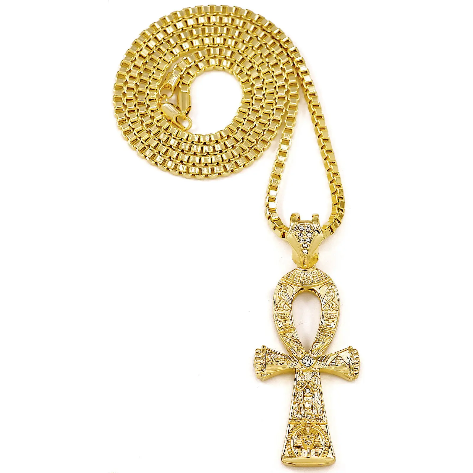 MaxBling81 Unisex 100% Brand New Fashion Hip Hop Jewelry Iced King Tut Gold-Plated Polished Metal Ankh Cross Pendant & 3mm 30" Box Chain Set, 3.60" x 1.50" Life Symbol Necklace, 30" Chain