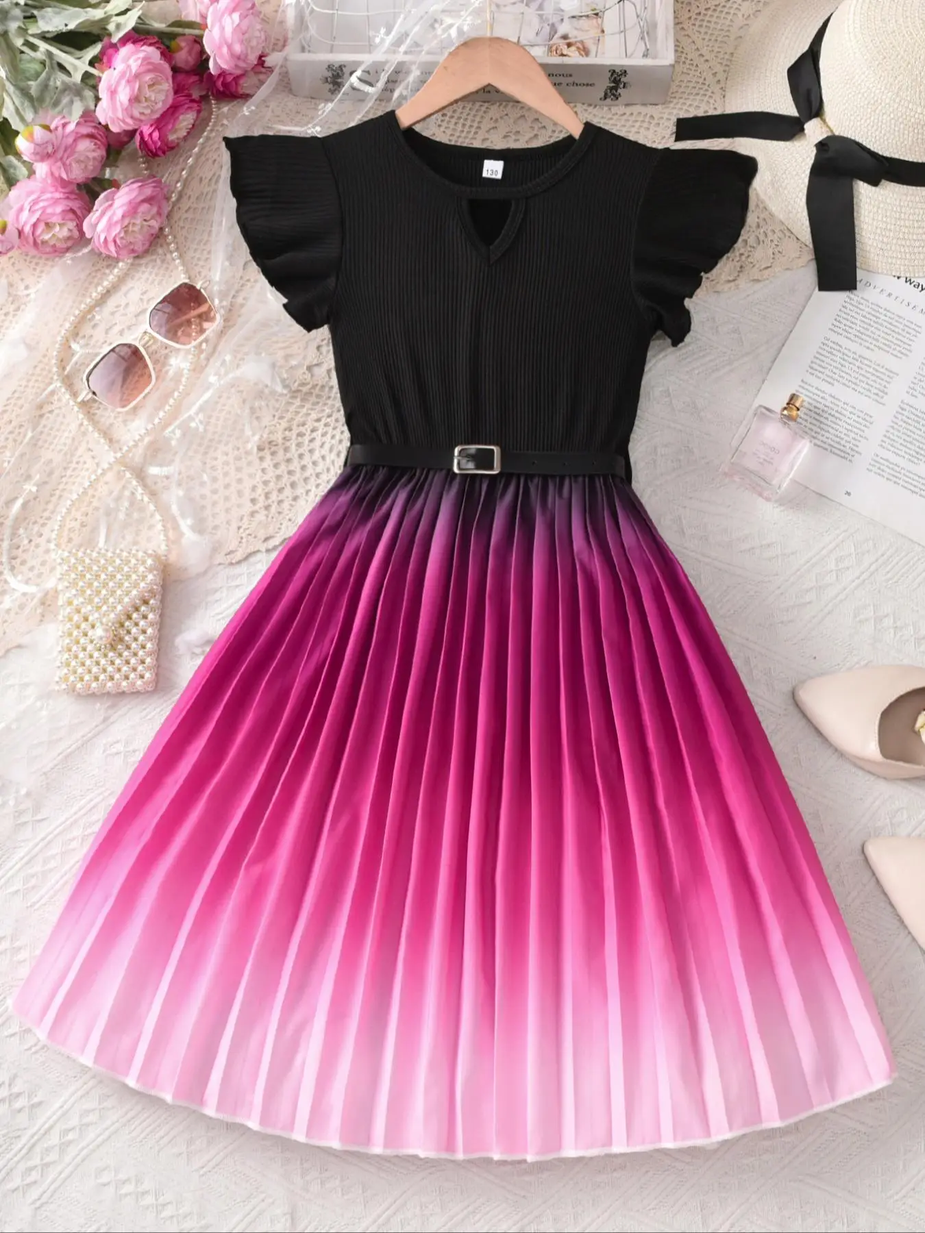 Girl's Ombre Print Belted Dress, Casual Pleated Dress for Party Holiday Wedding Guest, Kids Clothes for Summer