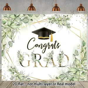 1pc Extra Large Graduation Party Banner Backdrop - 2D Flat Polyester Photo Studio Props with Green Leaves, Golden Accents & "Congrats GRAD" Text, No Electricity Needed for Wall Decor, Tablecloth, or Party Background, Graduation Party Decor Ornaments White