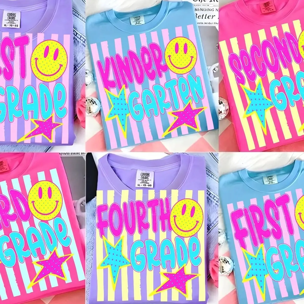 [BACK TO SCHOOL SALE OFF 50%] Neon Striped School Smiley Face Shirt Bundle, Trendy Summer Teacher Sublimation Shirt, Pre-K To Fourth Grade Shirt 4CA