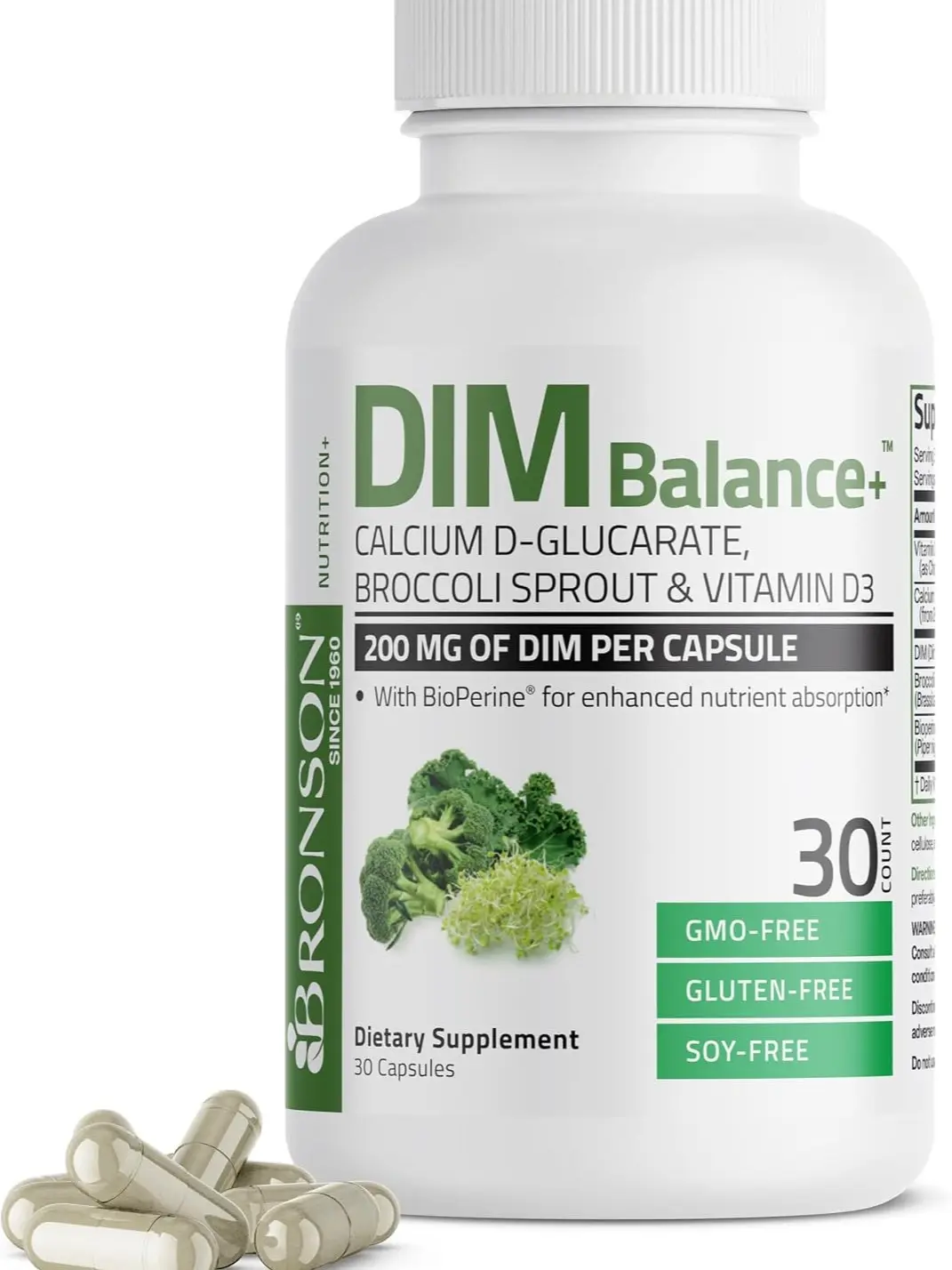 Bronson DIM Balance+ 200 mg & Calcium D-Glucarate, 30 Vegetarian Capsules | Broccoli Sprout, Vitamin D3 & BioPerine, Estrogen Metabolism & Balanced Hormone Support, Non-GMO, Gluten-Free & Soy-Free