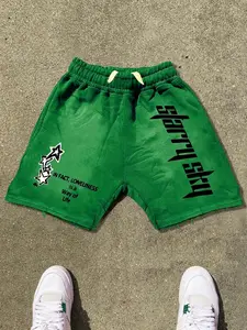 Men's Street Style Knit Shorts, Wind Letter and Star Print, Elastic Waist Drawstring Pockets, Casual Fitted Pants, City Style