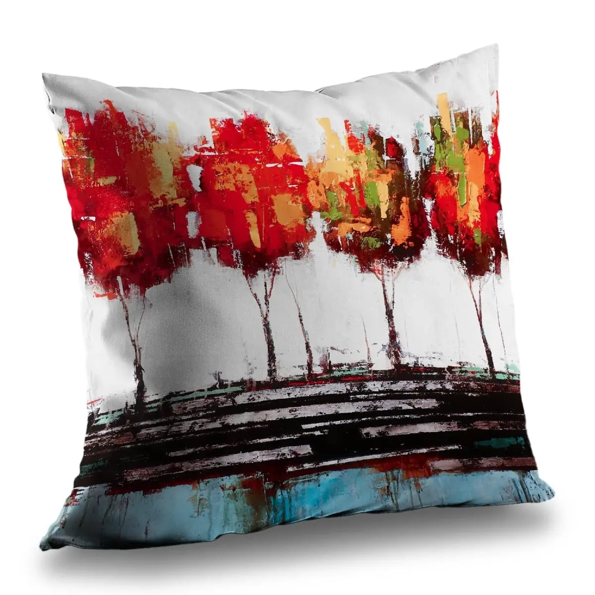 Begin Home Decor C1PT1414AQI8 14x14 in. Bright Orange Graphic Abstract Industrial Style Trees Throw Pillow - Bedding & Linens Soft Furnishing Accent, Bright Orange Graphic Standard Pillows