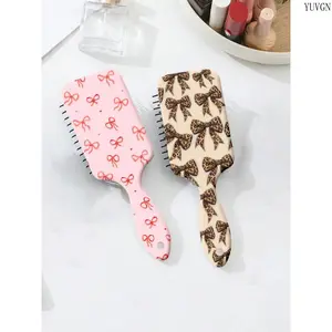 2Pcs Leopard Print Bow Hair Styling Brush, Mini Cushion Detangling Comb, Soft Bristle Smooth Hair Scalp Massage Design, Portable Lightweight Hair Styling Accessories for Home Travel Daily Use