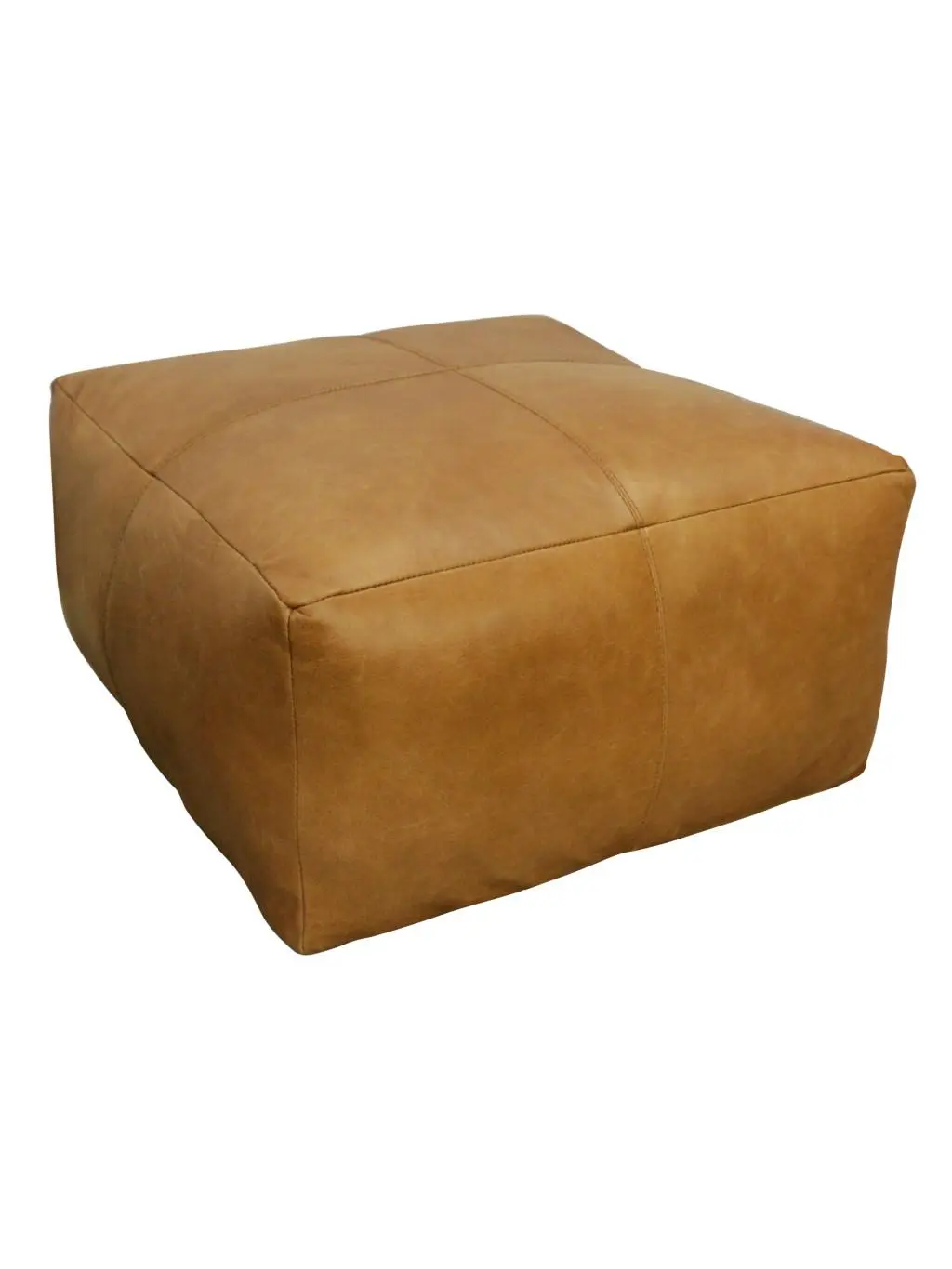 HomeRoots 605989 Oversized Stitching Tan Genuine Leather Square Furniture Ottoman - 13x22x22 in., Cushioned Footstool, Upholstered Stool, Midcentury Modern Living Room Decor, Living Room Furniture, 250lbs Weight Capacity