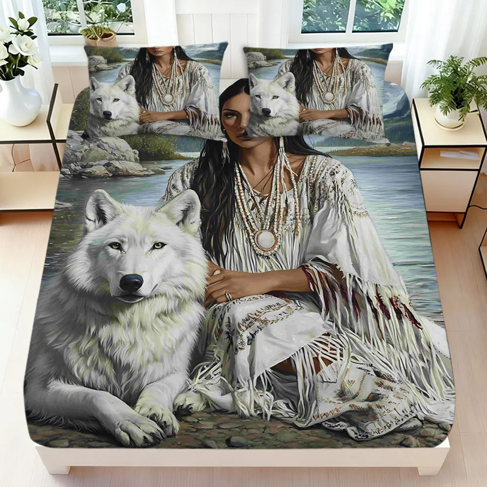 2/3 Pcs 2D Flat Native American Woman and White Wolf Fitted Sheet Set Native American Inspired Bedding Set Quilt Cover 1 Fitted Sheet + 1/2 Pillowcases Scenic and Cultural Top Sheet Decorative Bedding Bedroom Decor
