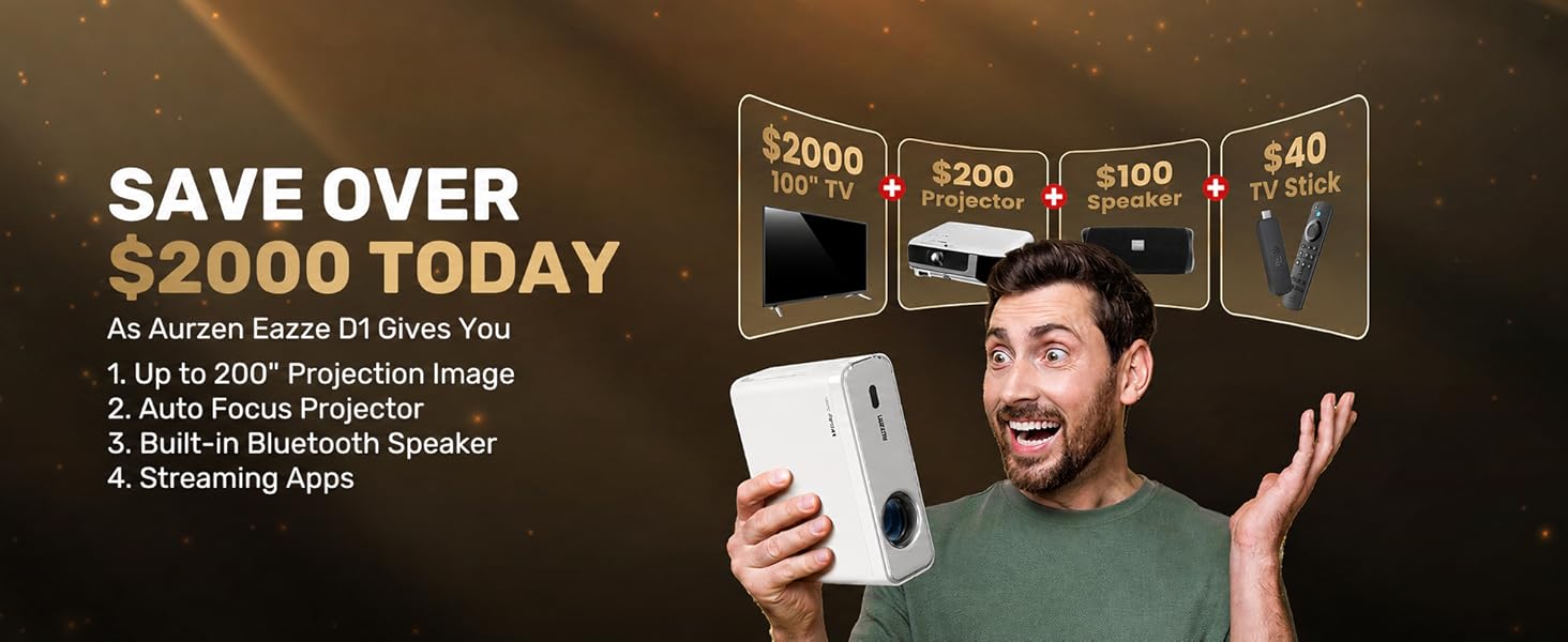 Aurzen EAZZE D1 Smart Projector - Native 1080P, 200 Lumens LCD Panel, WiFi, Bluetooth, Built-in APP, Auto Focus/Keystone, 16W Dolby Audio Speakers, HDR10, USB, Multi-Mounts, Portable Mini Home & Outdoor Movie Projector