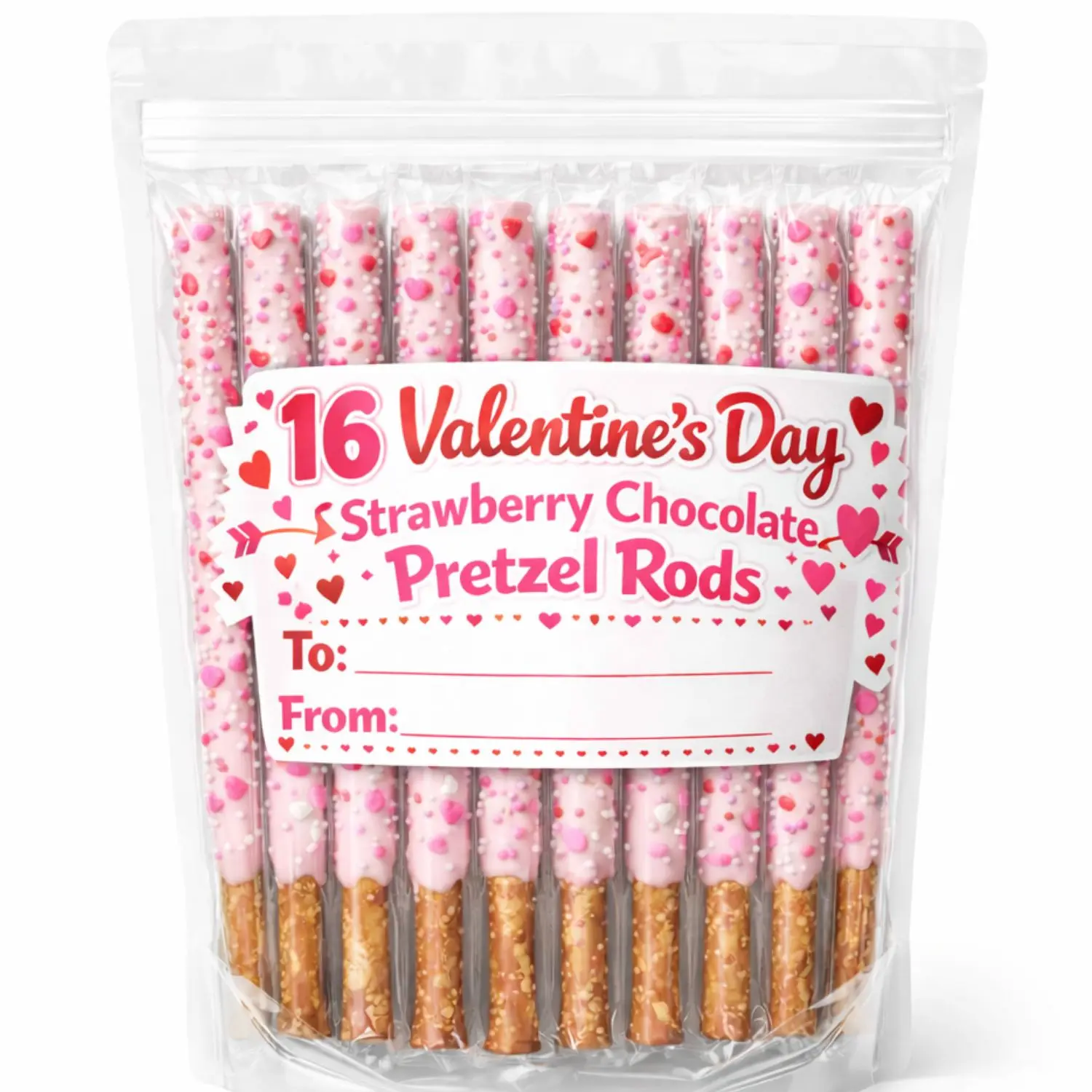 16 Valentine’s Day Strawberry Chocolate Pretzel Rods – Individually Wrapped