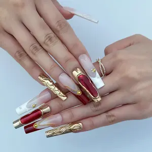 Handmade Press-on Nails | Luxury Red Cat-Eye & Gold Chrome Design | Baroque Vintage Jewelry Style | Salon Grade Reusable Gel Nails | Square Mid 1.7'' & Regular Length 1.0''