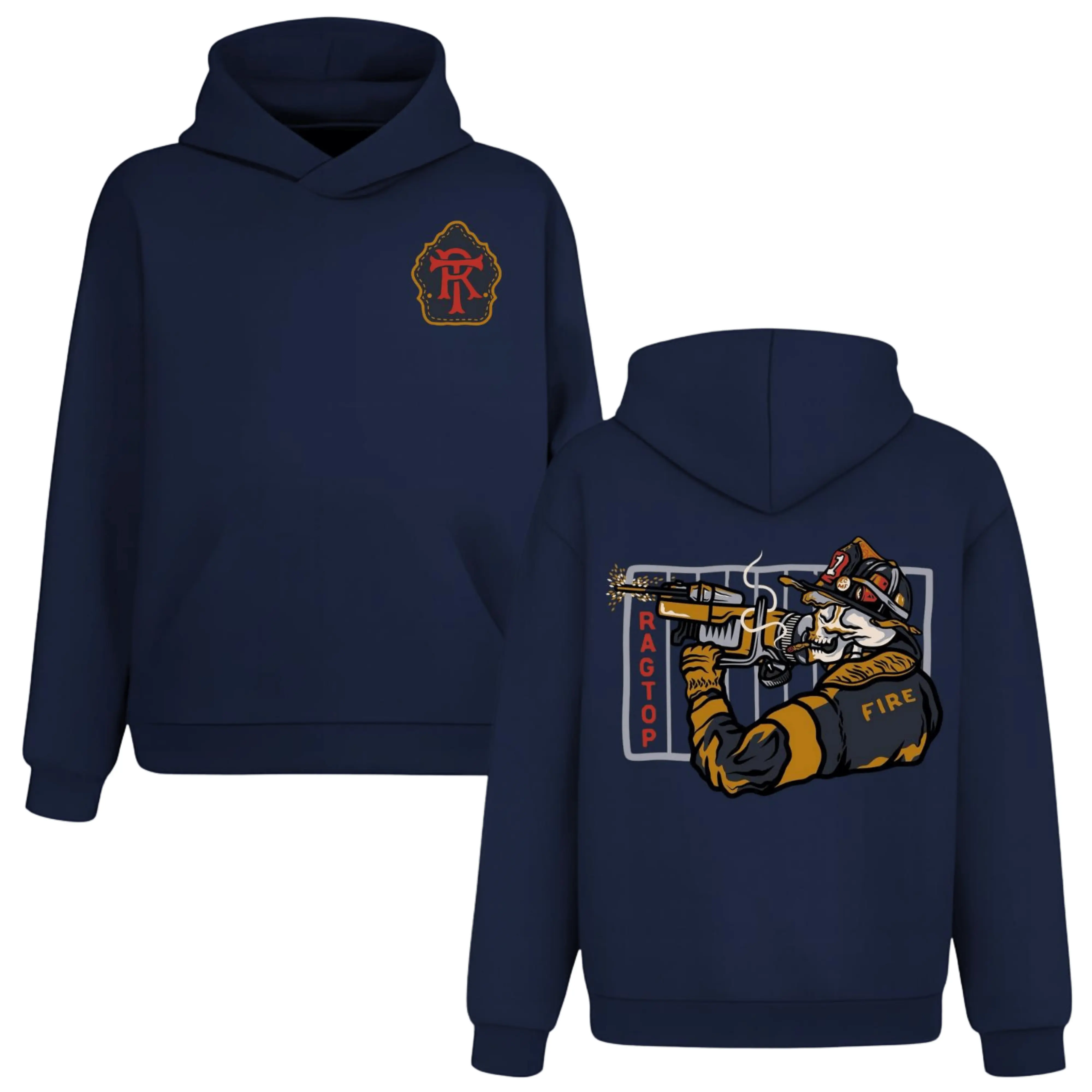 Ragtop Firefighter Skull Rescue Tool Hoodie, 2 Sides, Skeleton Fireman Jaws Of Life Hoody