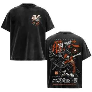 Haikyuu Shoyo Hinata Fly High Graphic T-Shirt - #10 Karasuno Volleyball Anime Oversized Vintage Tee, FDY High Wings Orange Black Washed Cotton Unisex Otaku Merch