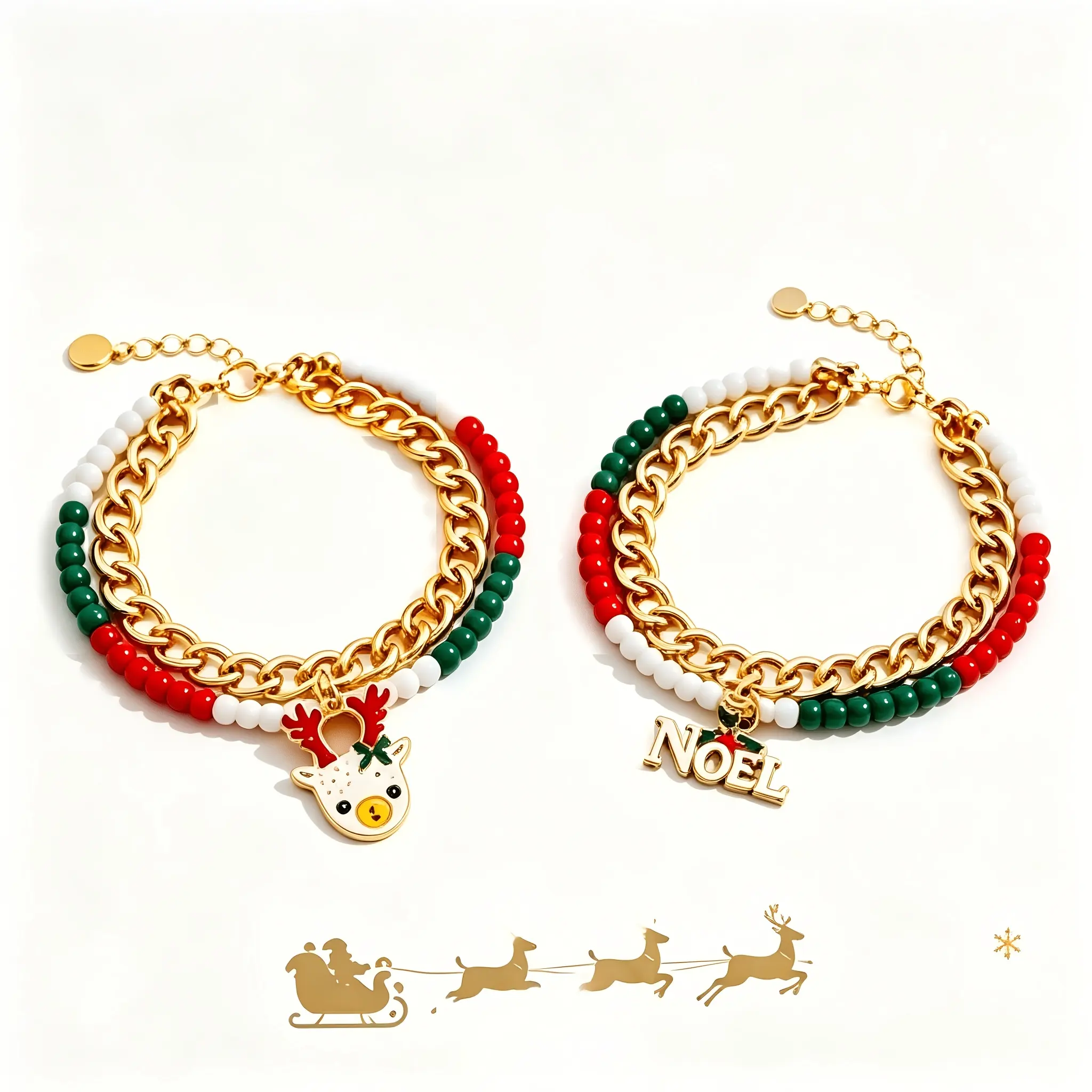 Christmas Bracelet Set for Women, 2PCS Red Green Beaded Charm Bracelets, Reindeer & Noel Pendant Holiday Jewelry Gift for Xmas Party