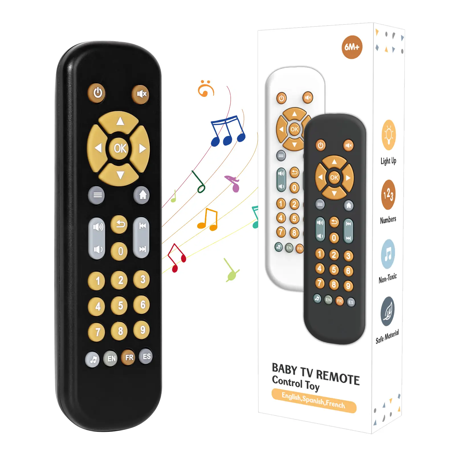 Orzbow Baby Remote Control Toy for 6 Months+ with Music, TV Remote Toy with Realistic Light and Sound - English, French and Spanish for Infant Play Re