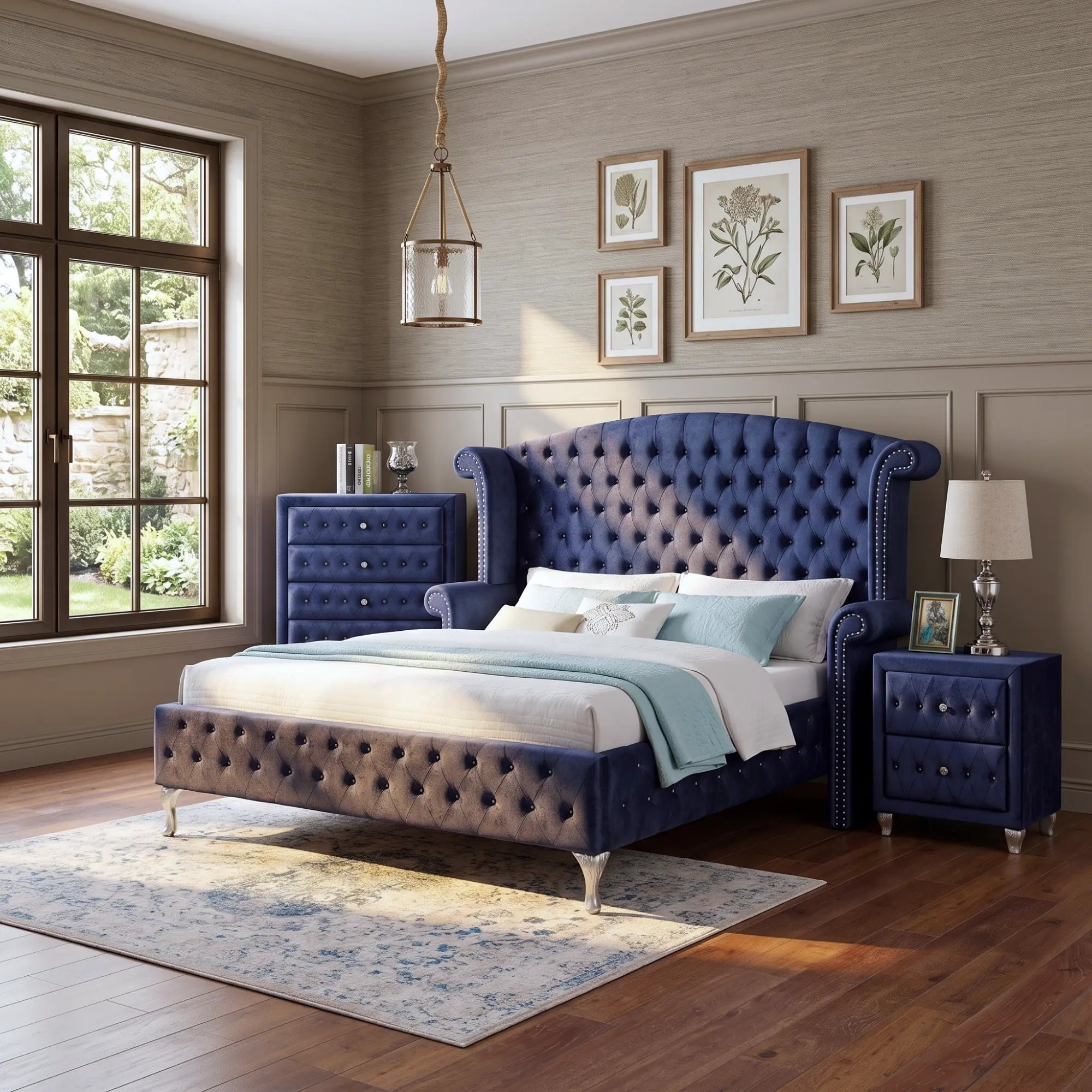 Furniture of America ALZIR Queen Regal Glam Velvet Upholstery Bed Frame - Oversized Wingback, Blue, Sturdy Bedframes, Solid Wood Bedframe, Cabriolet Legs, 14-Slat Support, Crystal-Like Acrylic Buttons, 500 lbs Capacity, Assembly Required for Modern Rooms
