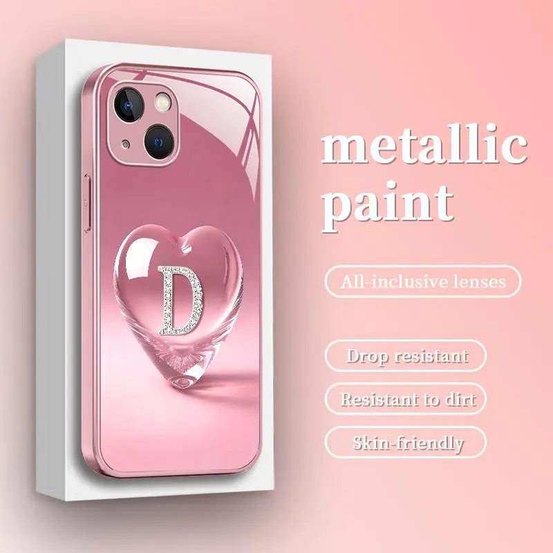 Suitable for [iPhone 14 ] Personalized Luxury Metallic Glass Phone Case, Cute Pink Heart Rhinestone Pattern, Initial Letter A-Z, Aesthetic Bling Cover, Perfect Gift for Women and Girls -JS996