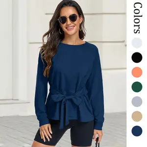 Women's Long Sleeves Shirt Tops Crew Neck Tie Knot Sweatshirt Tops Casual Fall Loose Fit Cropped Top Pullover