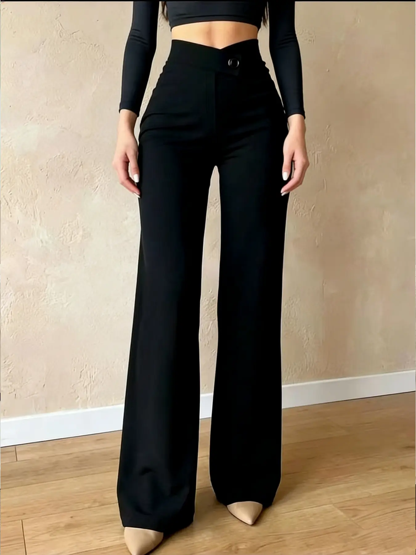 A fashionable black cross waisted wide leg pants for women's commuting, with a high waisted drape and straight leg mopping suit pants, suitable for commuting and versatile in temperament Formal Commuter Workwear Womenswear