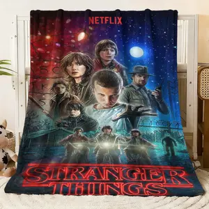 Stranger Things Themed Flannel Blanket - Vibrant Character Print Throw for Fans, Soft & Cozy Fleece Blanket for Couch Bed, Featuring Iconic Netflix Series Design with Stunning Night Scene and Cast