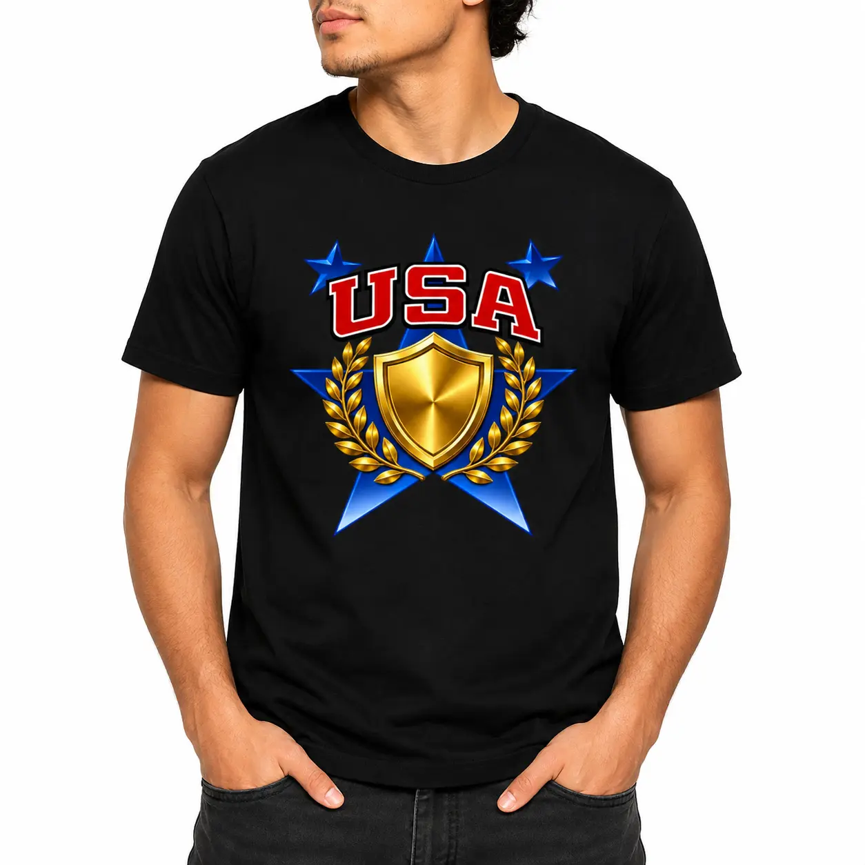 USA Patriotic Graphic Tee, Black T-Shirt with Red White Blue Star, Gold Shield & Laurel Print, Vintage Americana Shirt for Men & Women, Casual Streetwear Top for 4th of July, Summer & Everyday Outfit
