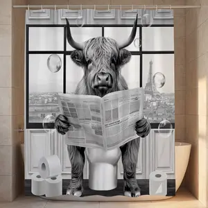 Highland Cow Shower Curtain 72Wx72L Inch Rustic Bull Portrait Western Farmhouse Cattle Country Restroom Accessories Funny Cute Farm Animal Grey White Fabric Bathroom Decor Set with 12 Hooks