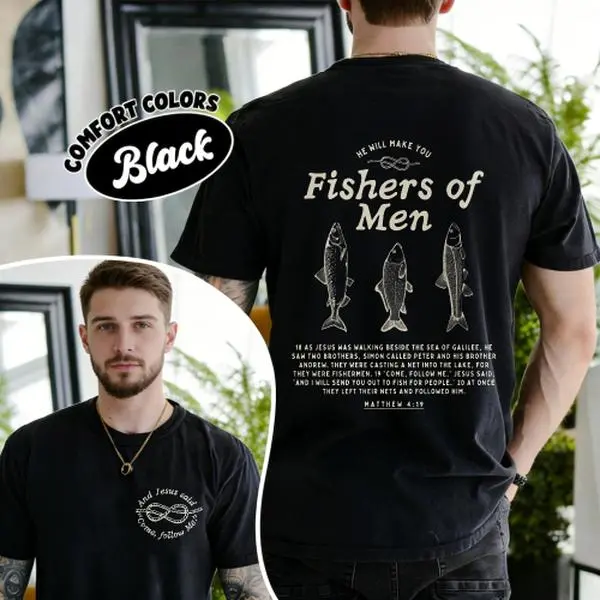 Christian Fishers Of Men Graphic Tee, 100% Cotton Shirt Three Fish Illustrations, Full Biblical Verse From Matthew 4:19, Perfect Gifts For Fans Of Christian Faith, Biblical Inspiration, Round Neck Printed Short Sleeve Casual Everyday T-Shirt