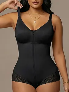 1 Count Women's Solid Color Adjustable Strap Bodysuit, Colombian Shapewear, Fajas, Front Zipper Closure Body Shaper, Built Bra Shapewear Bodysuit, Lace Trim Anti-Slip Jumpsuit, Daily Wear Shapewear, Be Given To Her As Gift
