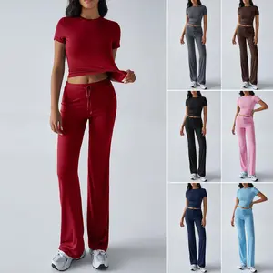 Women's 2 Piece Lounge Outfits Slim Short Sleeve Tops Low Rise Flare Leggings Sets Yoga Sweatsuit