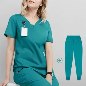 Nurse Uniform Cosmetic Pet Dentistry Operating Room Hand Wash Clothes Set Polyester Knit Fabric Loose Fit Patch Pocket