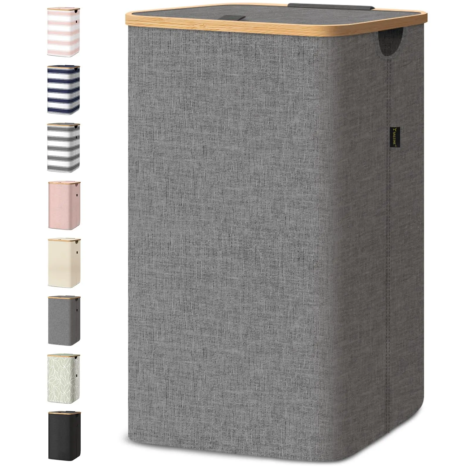 Tall 26-Gallon Laundry Hamper with Lid & Bamboo Pull Handles, Large Clothes Basket with Internal Support for Bedroom, Bathroom & Laundry Room - Grey