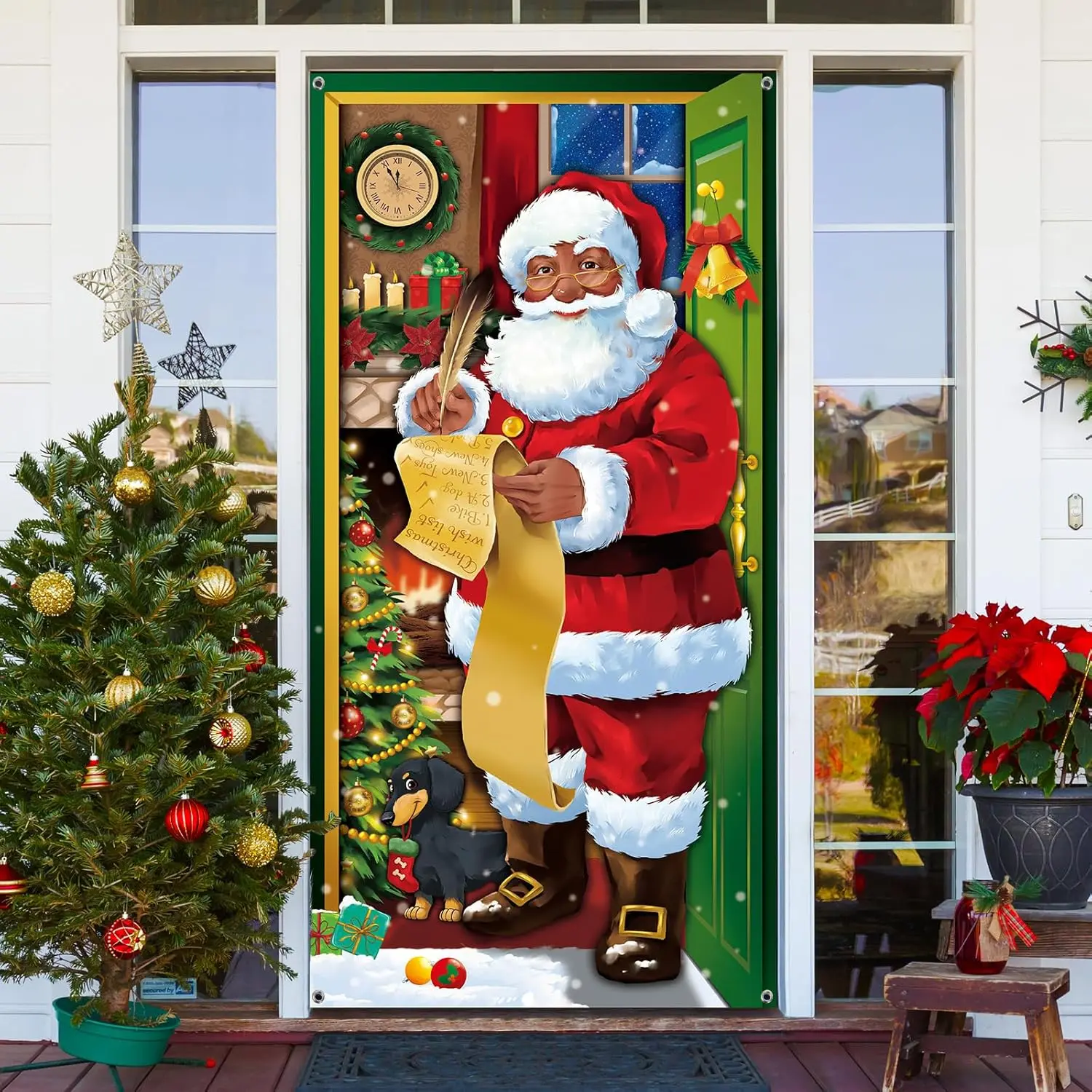 Christmas Black Santa Door Cover Decoration Christmas Santa Claus Front Door Cover Xmas Garage  Background Banner for Winter Holiday Wall School Window Decor
