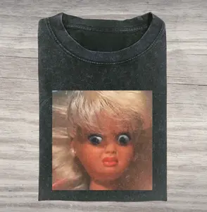 Barbie Meme Crewneck T-Shirt, Funny Barbie Doll Staring Meme Vintage Shirt, Funny Clothing, Cursed Aesthetic Viral Humor Graphic Tee - Retro 90s Streetwear Oversized Vintage Washed Cotton Shirt Unisex Crewneck Shortsleeve