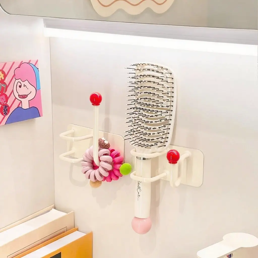 Wall-Mounted Hair Brush Holder Set, Adjustable Hooks Hanger, Plastic Hooks, Essential Dorm Accessories, No Damage, Easy Storage, 2 Pieces, Beauty Tool Organizer