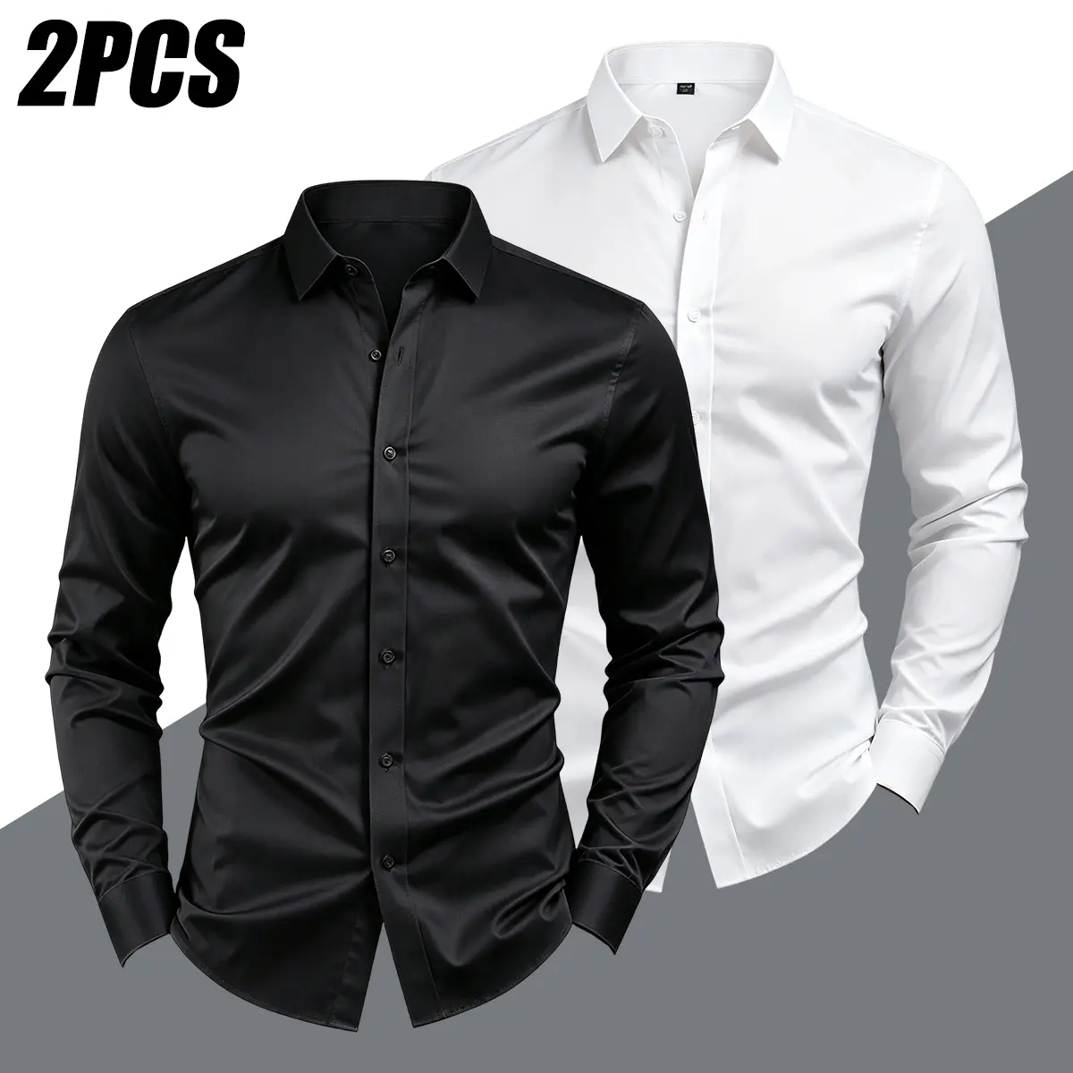 JOGWAVE 2PCS Men’s Wrinkle-Resistant, No-Iron, Four-Way Stretch, Silky Dress Shirt | Slim Fit Turn-Down Collar, Long Sleeves, Button Front | Skin-Friendly Business/Office Commuting/Wedding Formal Top