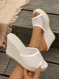 Summer High Heel Wedge Sandals, Waterproof PU Roman Slippers, Baroque Pattern, Less Than Ankle Height, Perfect for All Seasons, Stylish, Elegant