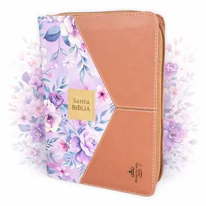 Biblia con Cierre Portatil Letra Grande 12 puntos RV1960 imit piel duotono cafe y lila floral con indice y canto floral