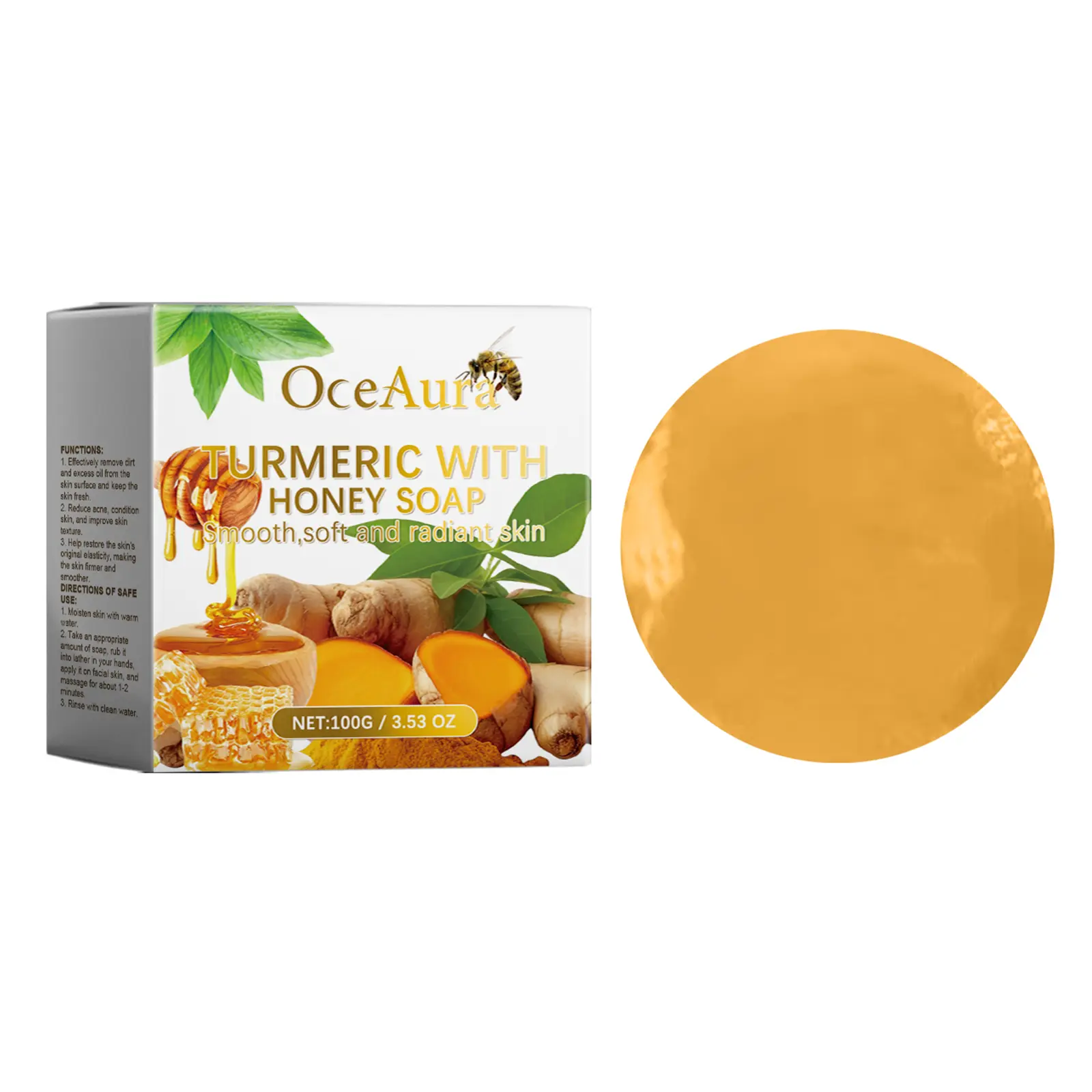 OceAura Turmeric With Honey SOAP， Brighten, smooth, and hydrate your skin with turmeric root extract, coconut oil, and palm oil， your daily glow bar for an even, radiant, fresh-looking complexion3.53 oz/100g