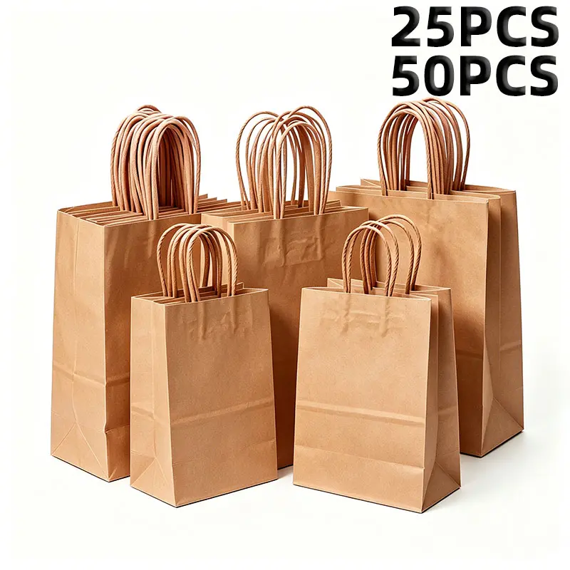 25/50 Pcs Plain Solid Kraft Paper Handle Gift Bags - DIY Friendly for DIY Crafts, Business Meetings, Book Storage (Home, Festive & Party Supplies)