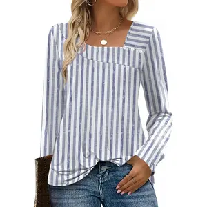 Long Sleeve Shirts for Women Fall Clothes Asymmetric Square Neck Tunic Tops Decorative Buttons