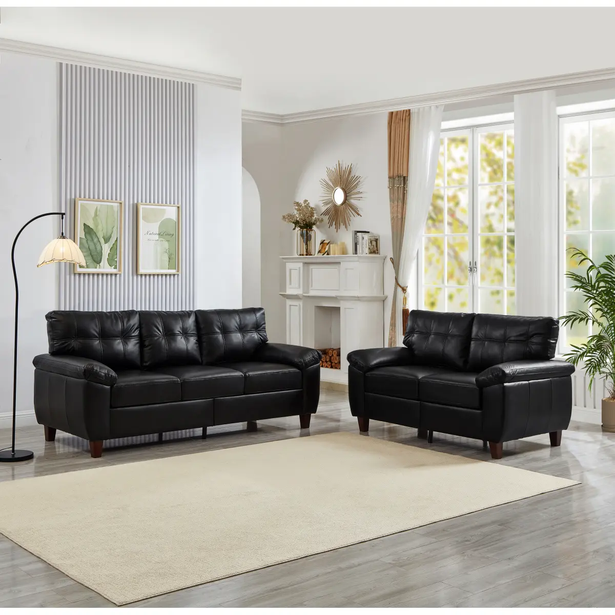 Aobtkel 2-Piece Modern Faux Leather Sofa Set - 3-Seater & Loveseat, Sturdy Living Room Sofa with Tufted Back, Big Armrest, Built-In Storage, Easy Assembly, 300lbs Capacity per Seat, Breathable PU Leather, Black, 300Lbs For Each Seat