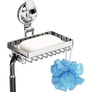 Soap Holder Shower, Suction Cup Soap Dish for Shower with 4 Hooks, 304 Stainless Steel, Silver