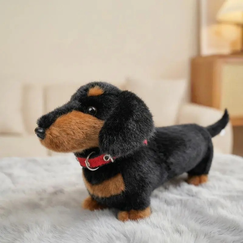 Adorable Lifelike Dachshund Plush Toys Stuffed Soft Leather Collar Pet Puppy Doll Fluffy Long Hair Dachshund Toys Funny Gift