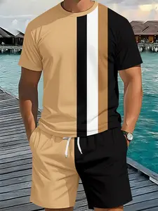 Men's Khaki Black and White Patchwork 3D Digital Printing Two-Piece Set, Clothes, 2Pcs, Trendy Retro Casual Set, Vacation Style Outfit, Breathable Sports and Casual Style, Holiday Gift for Men, Sportswear Set