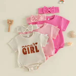 Babamoon Infant Baby Girl Summer Jumpsuit Letter Mama's Girl Embroidery Short Sleeve Round Neck Romper Bow Headband 0-18 Months