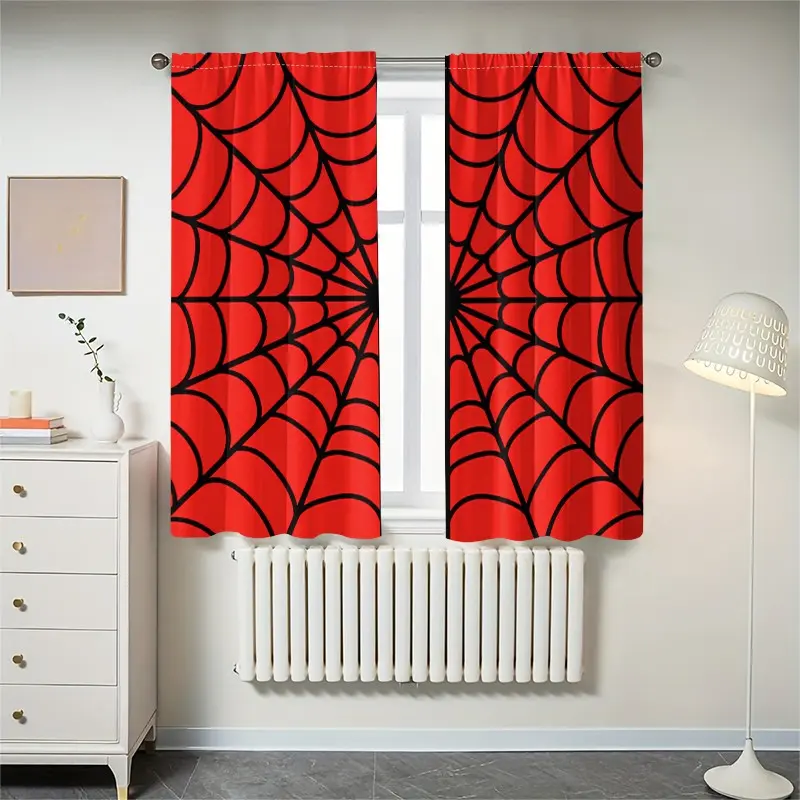2-piece set of black spider web printed semi transparent curtains, Window Curtain, Home Decorative Curtain, polyester pole bag curtains, suitable for living room, bedroom, home decoration and Interior Decoration Accessories - hand washable, hook free