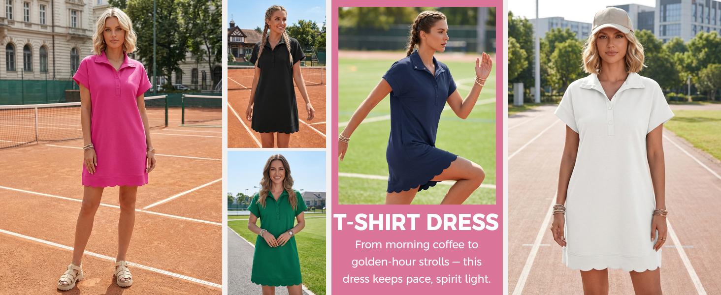 Fisoew Sports Womens Summer T Shirt Mini Dress Short Sleeve Collared V Neck Button Loose Active Dresses with Pockets
