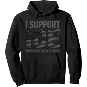 I Support ICE Immigration Officers American Flag Vintage Pullover Hoodie Classic Retro Style Long Sleeve Medium Length Casual Wear
