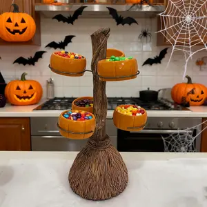 Halloween Pumpkin Broom Cup Holder Decorative Kitchen Ornament, Resin Pumpkin Design for Indoor Outdoor Decoration, Perfect Halloween Party Supplies
