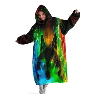 Hooded Blanket, Wearable Blanket, Neon Lightning Wolf Digital Print Flannel Blanket Soft and Warm Blanket, Ideal for Sofa Throw, Home Relaxation Blanket, Air-Conditioned Blanket, Nap Blanket, Office Bed Blanket, Camping Travel Blanket