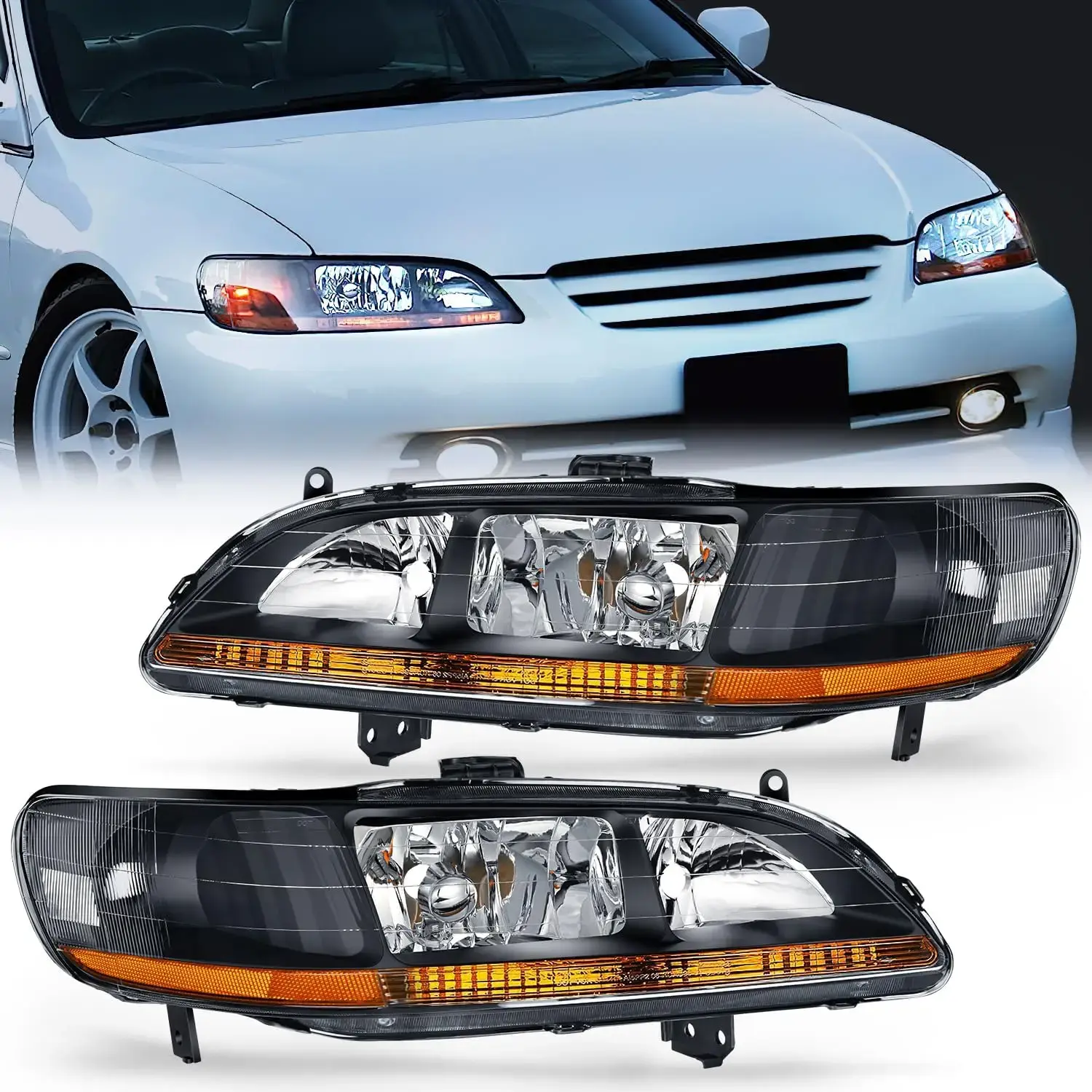 Nilight 1998 1999 2000 2001 2002 Honda Accord Headlight Assembly Black Case Amber Reflector Upgraded Clear Lens, Headlamps, Beam Headlight